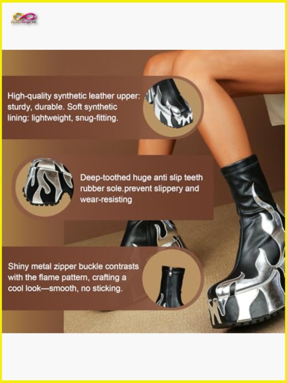 Chunky Sole Ankle Boots with Flames Printing, Platform Heel, Zipper Closure - Picture 5 of 7